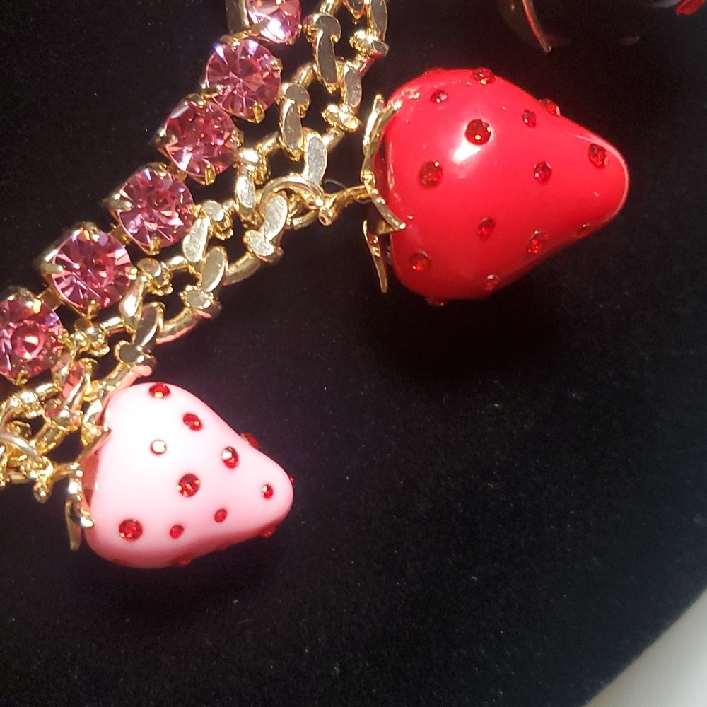 Betsey Johnson Strawberry Crystal Charm Necklace π - Picture 3 of 7